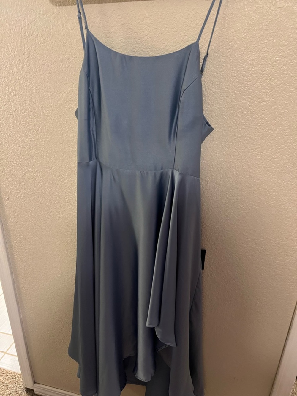 Lulu's Dusty Blue Satin Asymmetric Slip Dress